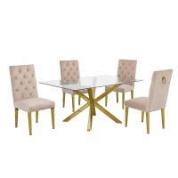 Contemporary 5pc Dining Set Glass Dining Table wStainless Steel Gold Base Velvet Tufted Chrome Leg Dining Chairs Beige