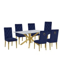 Contemporary 7pc Dining Set Glass Dining Table wStainless Steel Gold Base Velvet Tufted Chrome Leg Dining Chairs Navy Blue