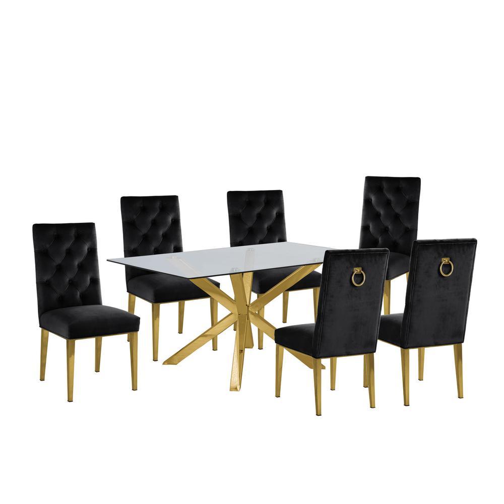 Contemporary 7pc Dining Set Glass Dining Table wStainless Steel Gold Base Velvet Tufted Chrome Leg Dining Chairs Black