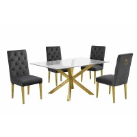 Contemporary 7pc Dining Set Glass Dining Table wStainless Steel Gold Base Velvet Tufted Chrome Leg Dining Chairs Dark Grey