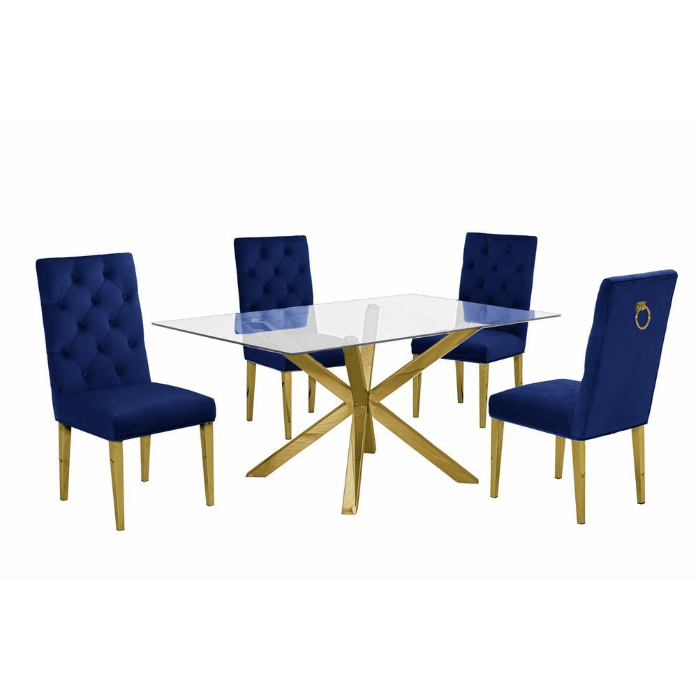 Contemporary 5pc Dining Set Glass Dining Table wStainless Steel Gold Base Velvet Tufted Chrome Leg Dining Chairs Navy Blue