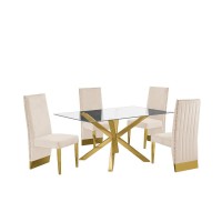 Contemporary 5pc Dining Set Glass Dining Table wStainless Steel Gold Base Velvet Pleated Chrome Support Dining Chairs Beige