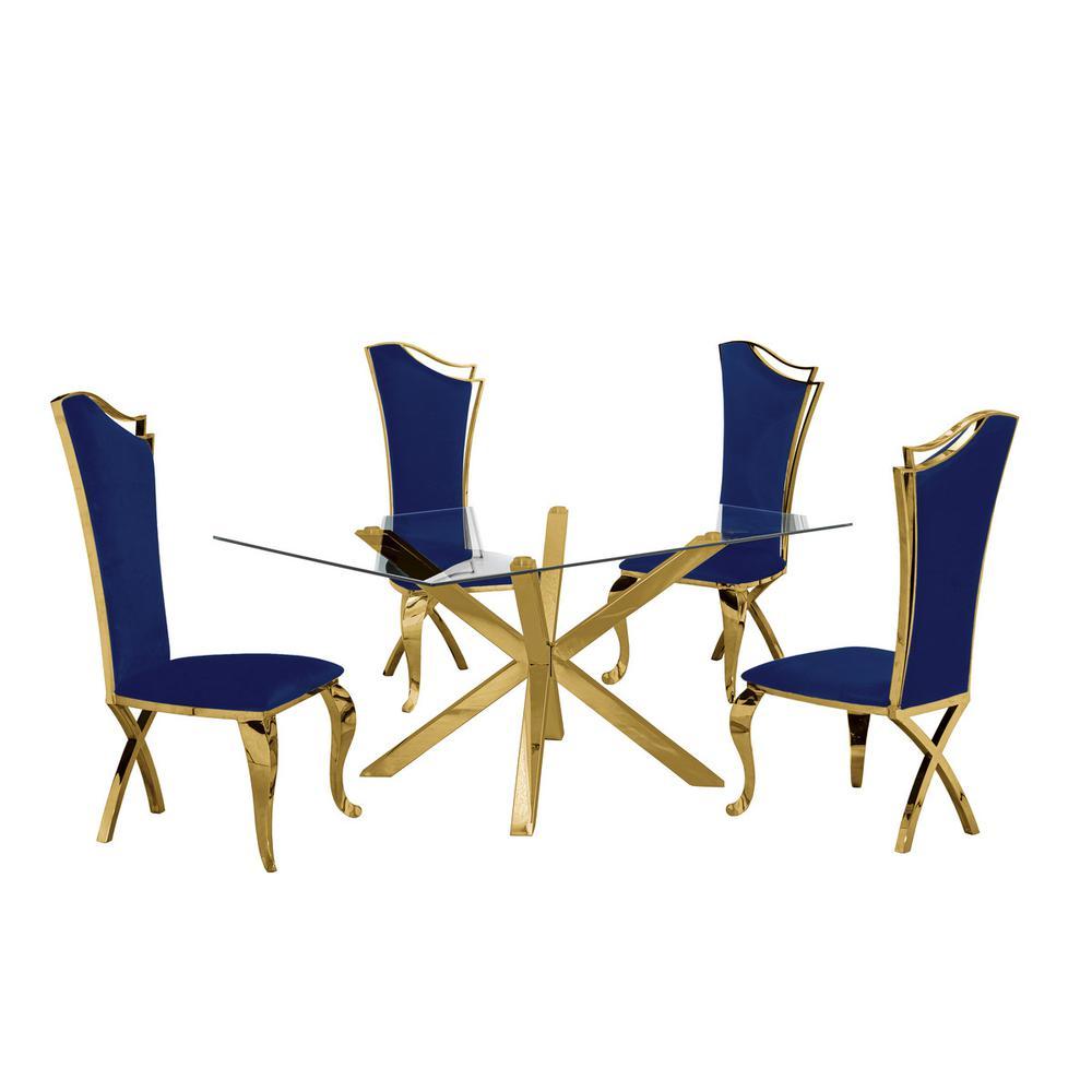 Contemporary 5pc Dining Set Glass Dining Table wStainless Steel Gold Base Velvet Stainless Steel Dining Chairs Navy Blue