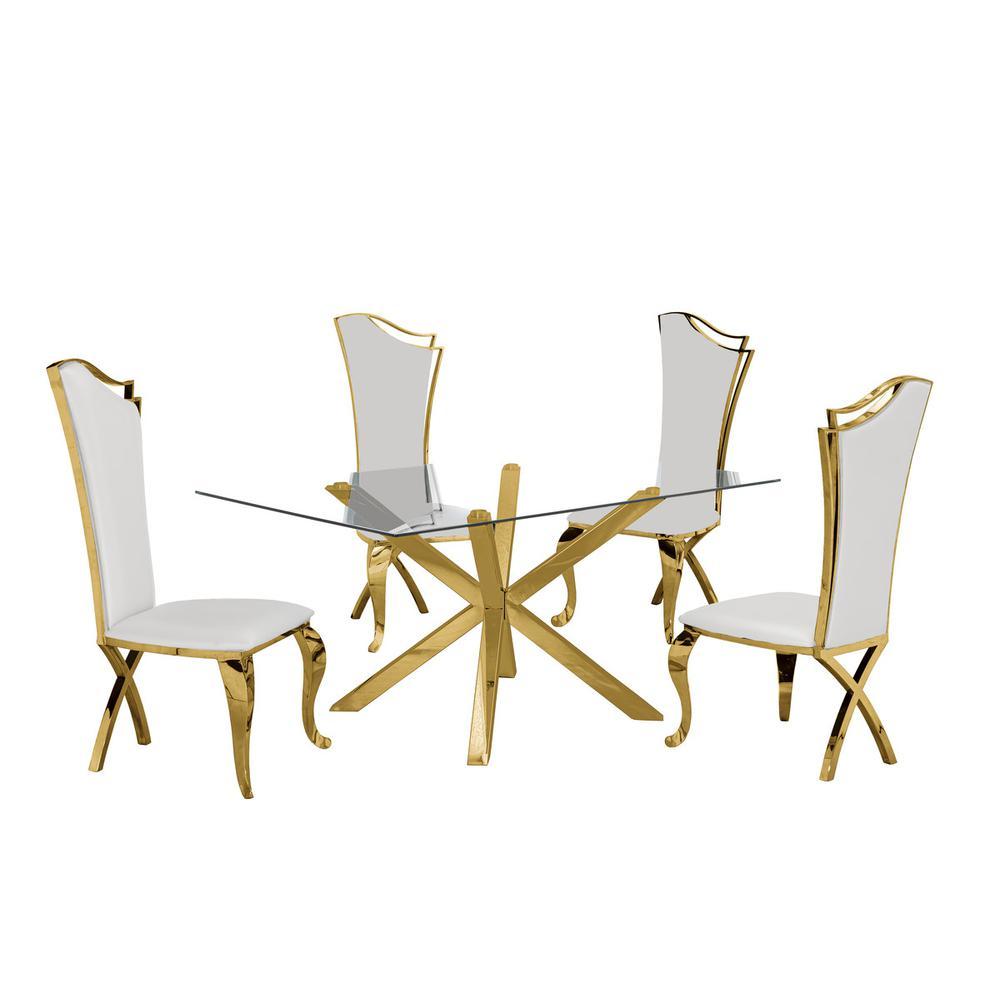 Contemporary 5pc Dining Set Glass Dining Table wStainless Steel Gold Base Faux Leather Stainless Steel Dining Chairs White