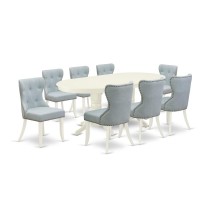 EastWest Furniture VASI9LWH15 A modern dining table set of 8 amazing kitchen chairs with Linen Fabric Baby Blue color and a