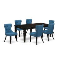 EastWest Furniture LGSI7BLK21 A wooden dining table set of 6 excellent kitchen dining chairs with Linen Fabric Mineral Blue