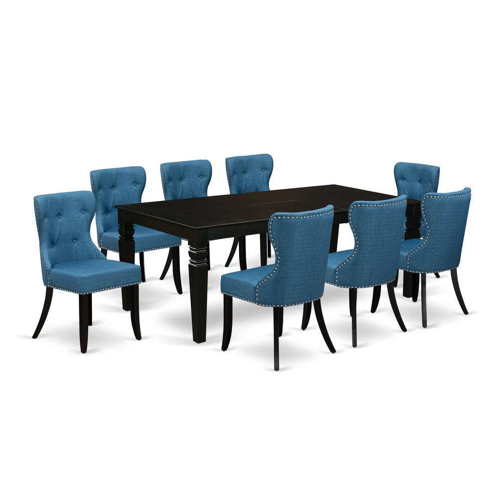 EastWest Furniture LGSI9BLK21 A dining room table set of 8 excellent parson dining chairs with Linen Fabric Mineral Blue co