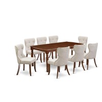 East-West Furniture DOSI9-MAH-35 - A kitchen dining table set of 8 fantastic indoor dining chairs using Linen Fabric Doeskin color and a wonderful dinner table with Mahogany Finish