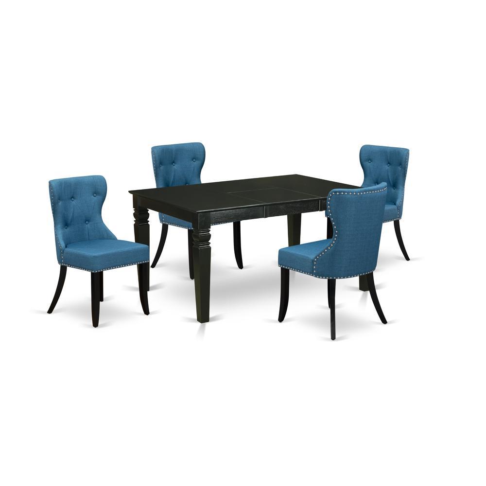 EastWest Furniture WESI5BLK21 A dining set of 4 great dining chairs using Linen Fabric Mineral Blue color and a gorgeous wo