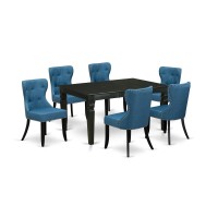 EastWest Furniture WESI7BLK21 A kitchen table set of 6 excellent parson chairs using Linen Fabric Mineral Blue color and a