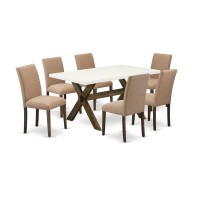 East West Furniture 7Pc Table and Chairs Dining Set Includes 6 Mid Century Chairs with Upholstered Seat and High Back and a Rec