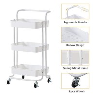 Tukailai 3-Tier Rolling Storage Cart With Lockable Wheels And Ergonomic Handle, Slide Out Utility Shelving Unit Organizer Serving Trolley Clearing For Kitchen Bathroom Laundry Bedroom (White)