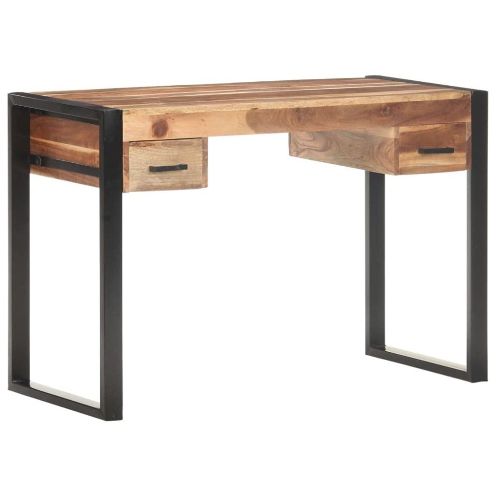 vidaXL Desk, Computer Desk with 2 Drawers, Home Office Desk with Steel Legs, Writing Table Workstation, Industrial, Solid Wood with Sheesham Finish