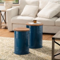 Glitzhome Rustic Storage Ottoman Seat Stool, Farmhouse Nesting Table, Galvanized Barrel Metal Accent End Side Table Toy Box Bin With Round Wood Lid Set Of 2 For Living Room Furniture, Navy Blue