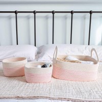 Organihaus Pink Baby Changing Basket | Nursery Storage Baskets For Shelves | Cotton Rope Basket W/Handles | Cloth Basket For Toys | Towel Basket Bins | Set Of 3 Small Woven Basket For Storage