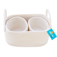 Organihaus White Small Woven Baskets For Storage | Baby Hamper & Baby Changing Basket | Storage Baskets For Shelves | Cotton Rope Baskets W/Handles | Set Of 3 Cloth Baskets For Organizing And Storage