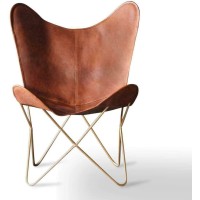 Shy Shy Lets Touch The Sky Leather Living Room Chairs- Brown Leather Butterfly Chair-Handmade With Powder Coated Iron Frame (Cover With Folding Frame) (Golden Frame)