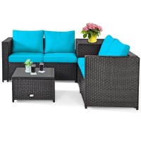 Happygrill 4-Piece Rattan Wicker Conversation Set Outdoor Patio Furniture Sofa Set With Storage Box & Tempered Glass Coffee Table For Backyard Garden Porch