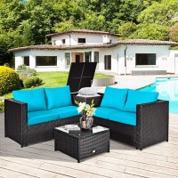 Happygrill 4-Piece Rattan Wicker Conversation Set Outdoor Patio Furniture Sofa Set With Storage Box & Tempered Glass Coffee Table For Backyard Garden Porch