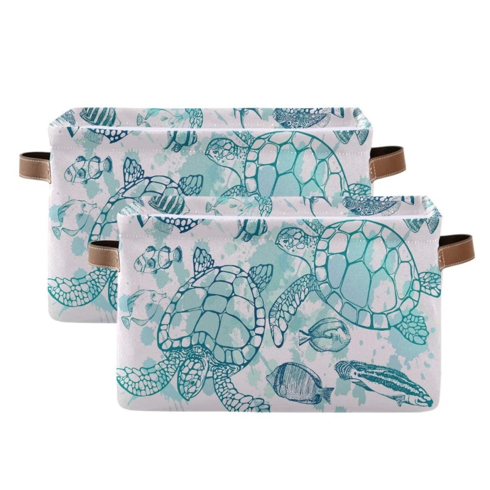 Storage Basket Cube Tropical Ocean Sea Turtle Fish Large Collapsible Toys Storage Box Bin Laundry Organizer For Closet Shelf Nursery Kids Bedroom,15X11X9.5 In,2 Pack