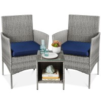 Best Choice Products 3-Piece Outdoor Wicker Conversation Bistro Set, Space Saving Patio Furniture For Garden W/Side Table - Gray/Navy