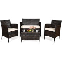 Dortala 4-Piece Rattan Patio Furniture Set, Outdoor Sofa Table Set With Tempered Glass Coffee Table, Thick Cushion, Wicker Conversation Set For Garden, Lawn, Poolside And Backyard, Brown