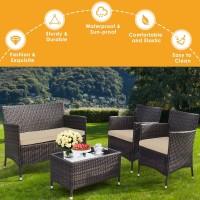 Dortala 4-Piece Rattan Patio Furniture Set, Outdoor Sofa Table Set With Tempered Glass Coffee Table, Thick Cushion, Wicker Conversation Set For Garden, Lawn, Poolside And Backyard, Brown