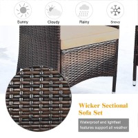 Dortala 4-Piece Rattan Patio Furniture Set, Outdoor Sofa Table Set With Tempered Glass Coffee Table, Thick Cushion, Wicker Conversation Set For Garden, Lawn, Poolside And Backyard, Brown