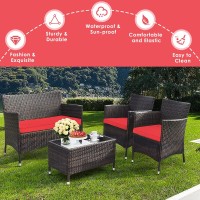 Dortala 4-Piece Rattan Patio Furniture Set, Outdoor Sofa Table Set With Tempered Glass Coffee Table, Thick Cushion, Wicker Conversation Set For Garden, Lawn, Poolside And Backyard, Red