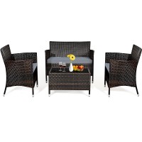 Dortala 4-Piece Rattan Patio Furniture Set, Outdoor Sofa Table Set With Tempered Glass Coffee Table, Thick Cushion, Wicker Conversation Set For Garden, Lawn, Poolside And Backyard, Gray