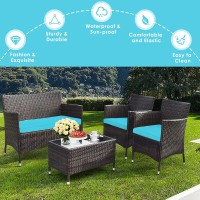 Dortala 4-Piece Rattan Patio Furniture Set, Outdoor Sofa Table Set With Tempered Glass Coffee Table, Thick Cushion, Wicker Conversation Set For Garden, Lawn, Poolside And Backyard, Turquoise