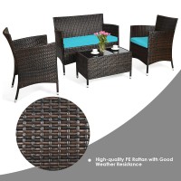 Dortala 4-Piece Rattan Patio Furniture Set, Outdoor Sofa Table Set With Tempered Glass Coffee Table, Thick Cushion, Wicker Conversation Set For Garden, Lawn, Poolside And Backyard, Turquoise