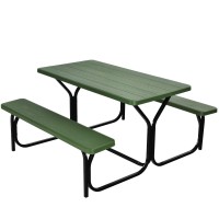 Giantex Picnic Table Bench Set Outdoor Camping All Weather Metal Base Wood-Like Texture Backyard Poolside Dining Party Garden Patio Lawn Deck Furniture Large Camping Picnic Tables For Adult (Green)
