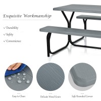 Giantex Picnic Table Bench Set Outdoor Camping All Weather Metal Base Wood-Like Texture Backyard Poolside Dining Party Garden Patio Lawn Deck Furniture Large Camping Picnic Tables For Adult (Gray)