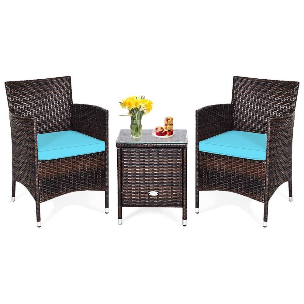 Dortala 3 Piece Patio Furniture Set, Outdoor Rattan Conversation Set With Coffee Table, Chairs & Thick Cushions, Patio Sectional Sofa Set, Wicker Bistro Set For Patio Garden Backyard, Turquoise