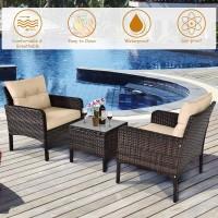Dortala 3 Piece Patio Furniture Set, Outdoor Rattan Wicker Conversation Set With Cushions, Glass Top Coffee Table For Garden Balcony Poolside, Brown
