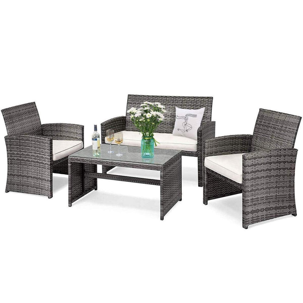 Dortala 4 Piece Patio Furniture Set, Outdoor Wicker Conversation Set With Soft Cushions & Tempered Glass Coffee Table, Rattan Patio Sofa Bistro Sets For Courtyard Balcony, Beige