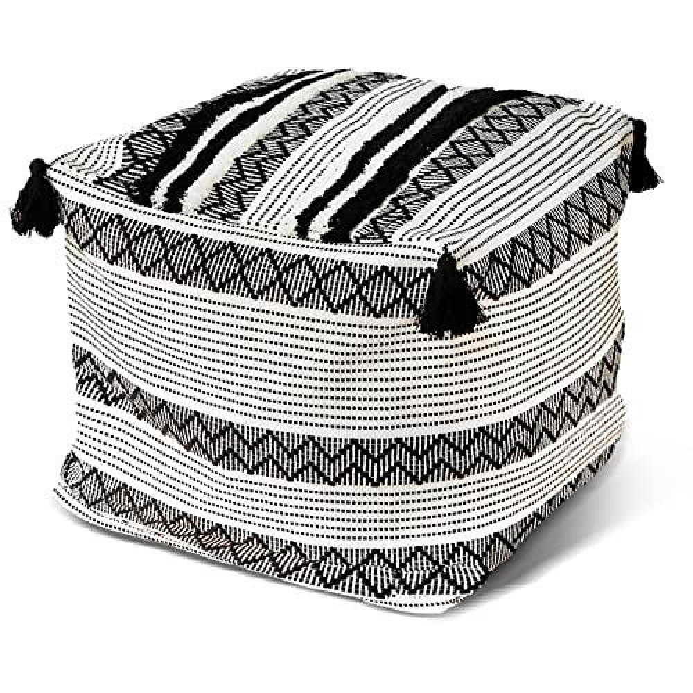 Blue Page Boho Neutral Decorative Unstuffed Pouf Cover - Cotton Woven Diamond Jacquard Pattern With Big Tassels, Handwoven Footrest/Cushion Cover For Bedroom Living Room, Black