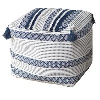 Blue Page Boho Neutral Decorative Unstuffed Pouf Cover - Farmhouse Casual Ottoman Pouf Cover With Big Tassels, Handwoven Footrest/Cushion Cover For Bedroom Living Room, Modern Accent