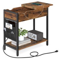 Vasagle Side Table With Storage, End Table With Usb Ports And Outlets, Nightstand With Charging Station, Fabric Bags, For Living Room, Bedroom, Rustic Brown And Black Ulet310B01V1