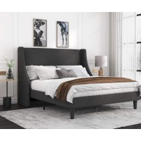 Allewie Queen Bed Frame, Platform Bed Frame Queen Size With Upholstered Headboard, Modern Deluxe Wingback, Wood Slat Support, Mattress Foundation, Dark Grey