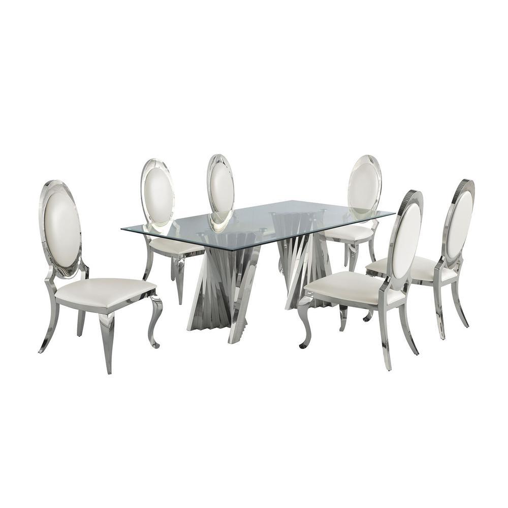 Classic 7pc Dining Set wFaux Leather Side Chair Glass Table w Silver Spiral Base White