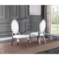 Classic 7pc Dining Set wFaux Leather Side Chair Glass Table w Silver Spiral Base White