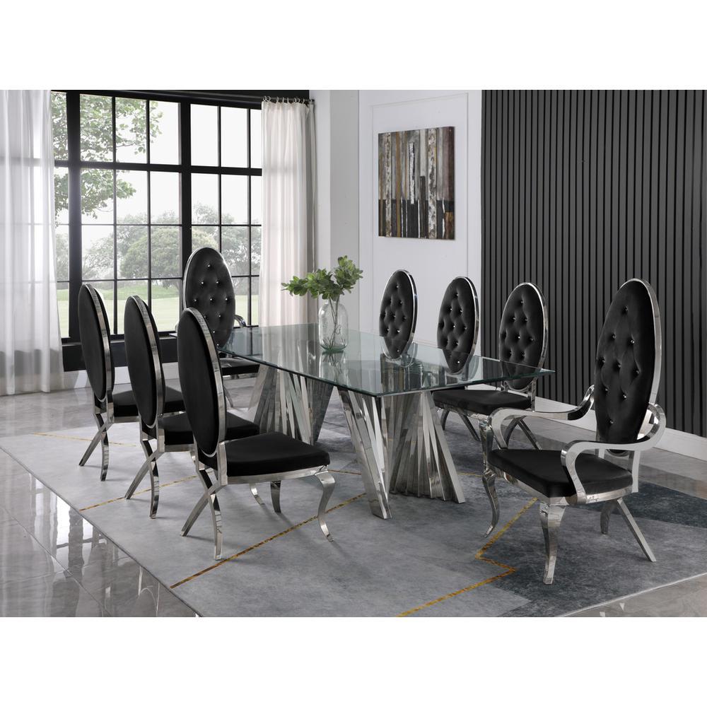 Classic 9pc Dining Set wUph Tufted SideArm Chair Glass Table w Silver Spiral Base Black