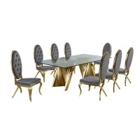 Classic 9pc Dining Set wUph Tufted Side Chair Glass Table w Gold Spiral Base Dark Grey