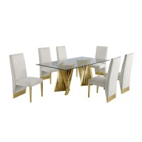 Classic 7pc Dining Set wPleated Side Chair Glass Table w Gold Spiral Base Beige