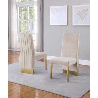 Classic 7pc Dining Set wPleated Side Chair Glass Table w Gold Spiral Base Beige