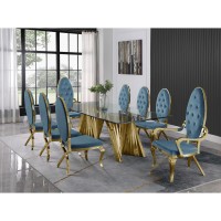 Classic 9pc Dining Set wUph Tufted SideArm Chair Glass Table w Gold Spiral Base Teal