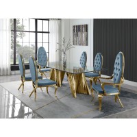 Classic 7pc Dining Set wUph Tufted SideArm Chair Glass Table w Gold Spiral Base Teal