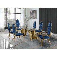 Classic 7pc Dining Set wUph Tufted SideArm Chair Glass Table w Gold Spiral Base Navy Blue